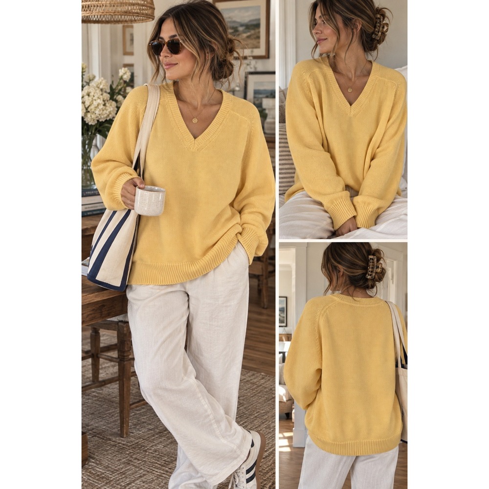 VTG Yellow knit V-Neck Sweater Retro Grandpacore Soft Girl Preppy Oversized L